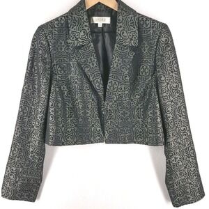 Vintage Kasper Metallic Jacquard Cropped Blazer Jacket 12 Silver Black 90s Retro